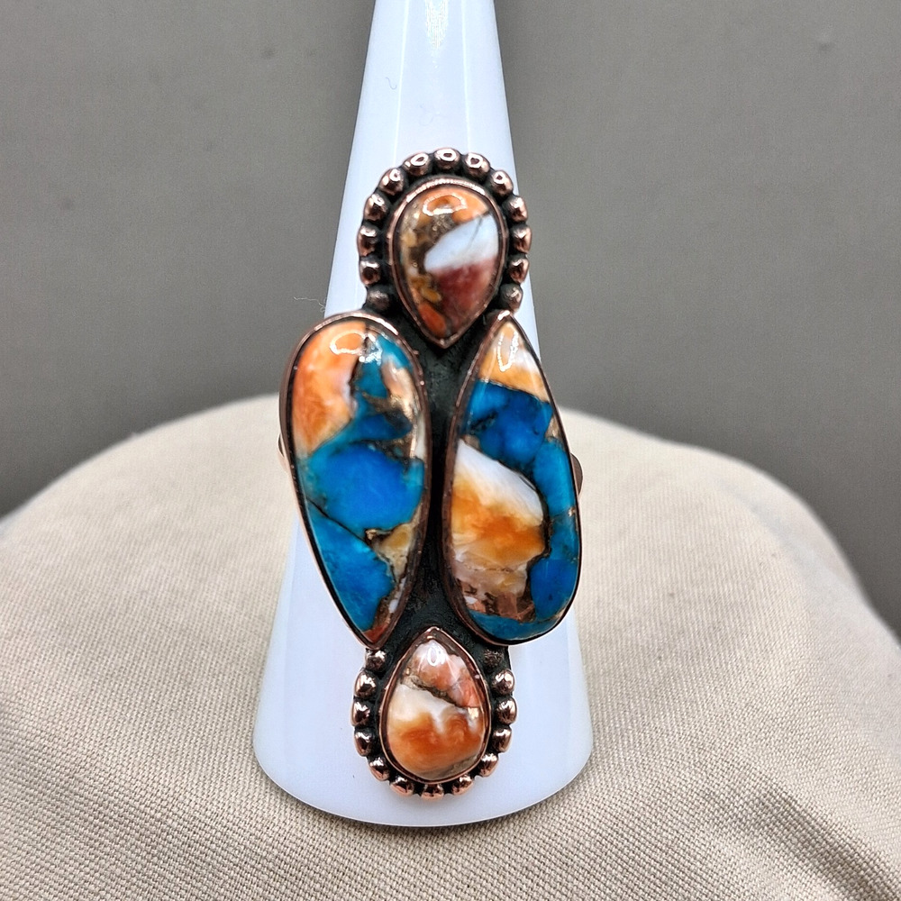 Large Southwestern Copper Ring Mojave Turquoise Spiny Oyster Size 6 To 12
